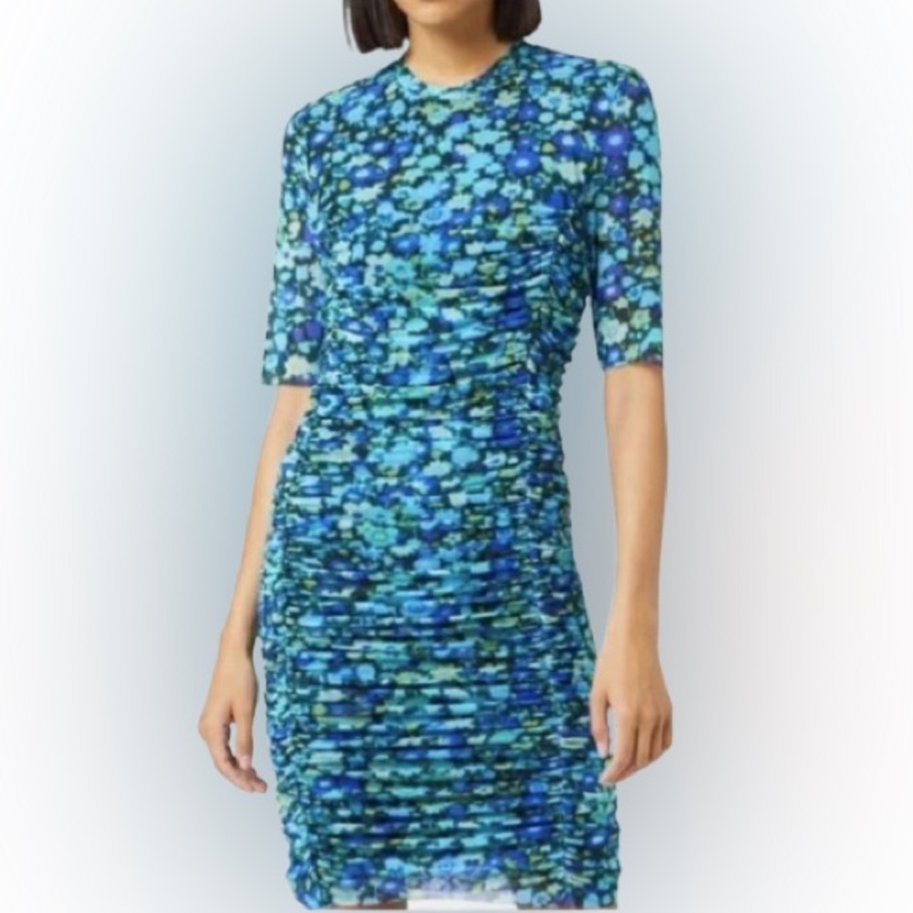 GANNI Floral Mesh Ruched Midi Dress in Azure Blue Sheer Size 4